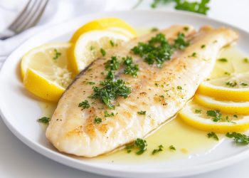 su tavolo, primo piano di un piatto bianco con una sogliola alla mugnaia con prezzemolo e fette di limone