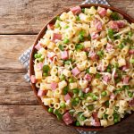 in primo piano un piatto di pasta con prosciutto cotto e piselli