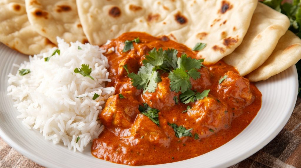 primo piano di un piatto bianco con riso basmati, pollo tikka masala e pane naan