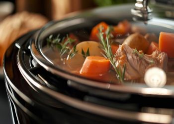 in primo piano una slow cooker mentre cuoce a bassa temperatura uno stufato di carne e carote e degli odori