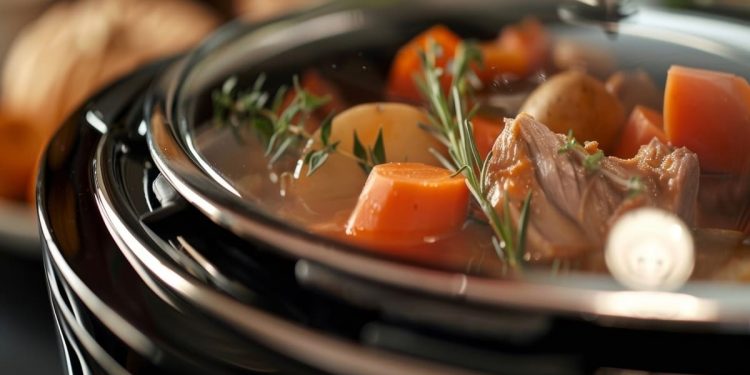 in primo piano una slow cooker mentre cuoce a bassa temperatura uno stufato di carne e carote e degli odori
