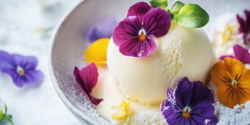 una pallina di gelato circondata da fiori commestibili