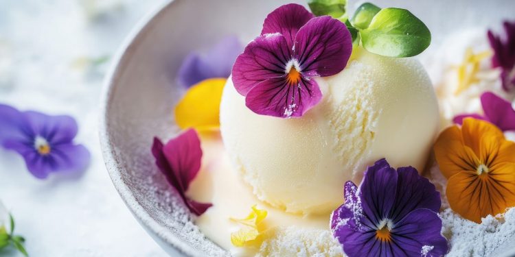 una pallina di gelato circondata da fiori commestibili