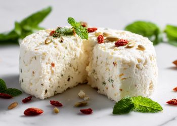 Su tavolo di marmo da cucina formaggio primo sale con menta e peperoncino. Attorno a foglie di menta e peperoncino sparse
