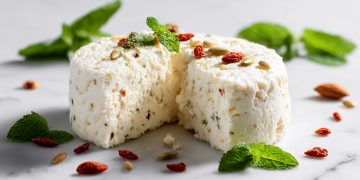 Su tavolo di marmo da cucina formaggio primo sale con menta e peperoncino. Attorno a foglie di menta e peperoncino sparse