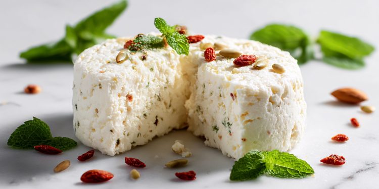 Su tavolo di marmo da cucina formaggio primo sale con menta e peperoncino. Attorno a foglie di menta e peperoncino sparse