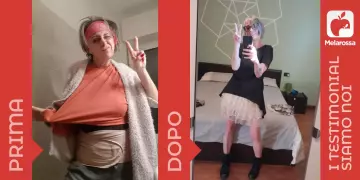 Si vede una donna fotografata prima e dopo la dieta dimagrante Melarossa