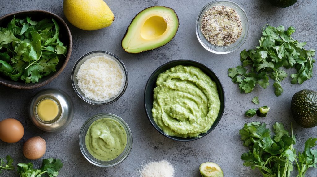 Maionese di avocado: una ricetta sfiziosa 3 su tavolo di marmo, ciotola con la maionese di avovado e attorno tutti ingredienti limone, avocado tagliato in 2 limone, sale, erbe aromatiche