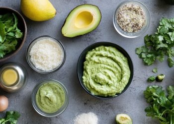 su tavolo di marmo, ciotola con la maionese di avovado e attorno tutti ingredienti limone, avocado tagliato in 2 limone, sale, erbe aromatiche