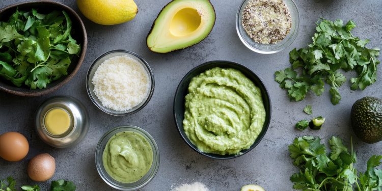 su tavolo di marmo, ciotola con la maionese di avovado e attorno tutti ingredienti limone, avocado tagliato in 2 limone, sale, erbe aromatiche