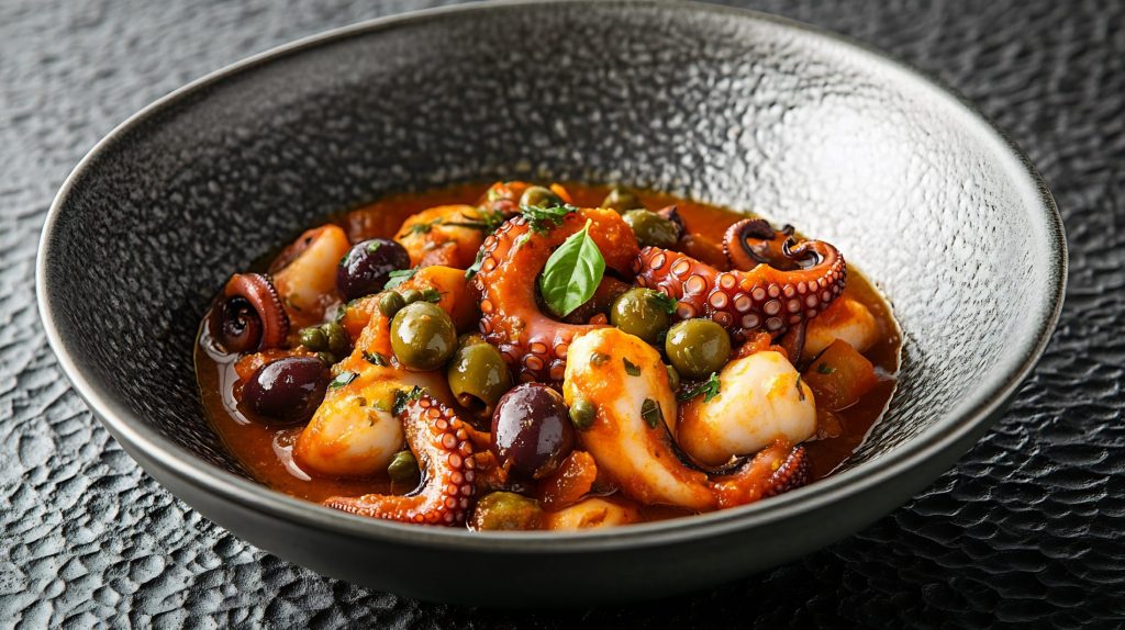 Polpo alla Luciana: un secondo piatto napoletano 2 su tavolo nero ciotola con polpo alla luciana con pomodori olive e erbe aromatiche