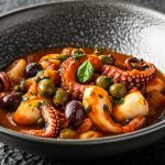 su tavolo nero ciotola con polpo alla luciana con pomodori olive e erbe aromatiche