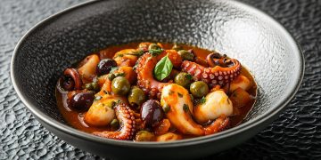 su tavolo nero ciotola con polpo alla luciana con pomodori olive e erbe aromatiche