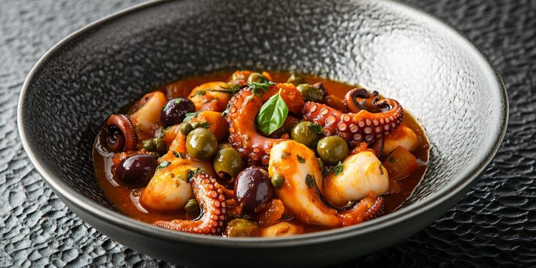 su tavolo nero ciotola con polpo alla luciana con pomodori olive e erbe aromatiche