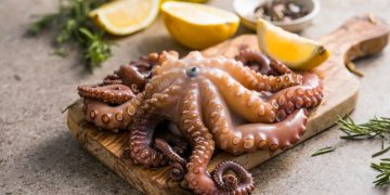 polpo in pentola a pressione: su tavolo tagliere con un polo in pentola a pressione, erbe aromatiche e limone tagliato, dietro una bottiglietta di olio EVO