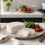 Ricetta primo sale: come farlo in casa con latte e caglio 1 In primo piano su un tavolo in marmo chiaro c'è un piatto fondo con un primo sale della rucola e dei pomodorini. Sulla destra del piatto c'è un coltello mentre sulla sinistra un tovagliolo in stoffa e una ciotolina con della rucola fresca. Sullo sfondo il piano di lavoro di una cucina.