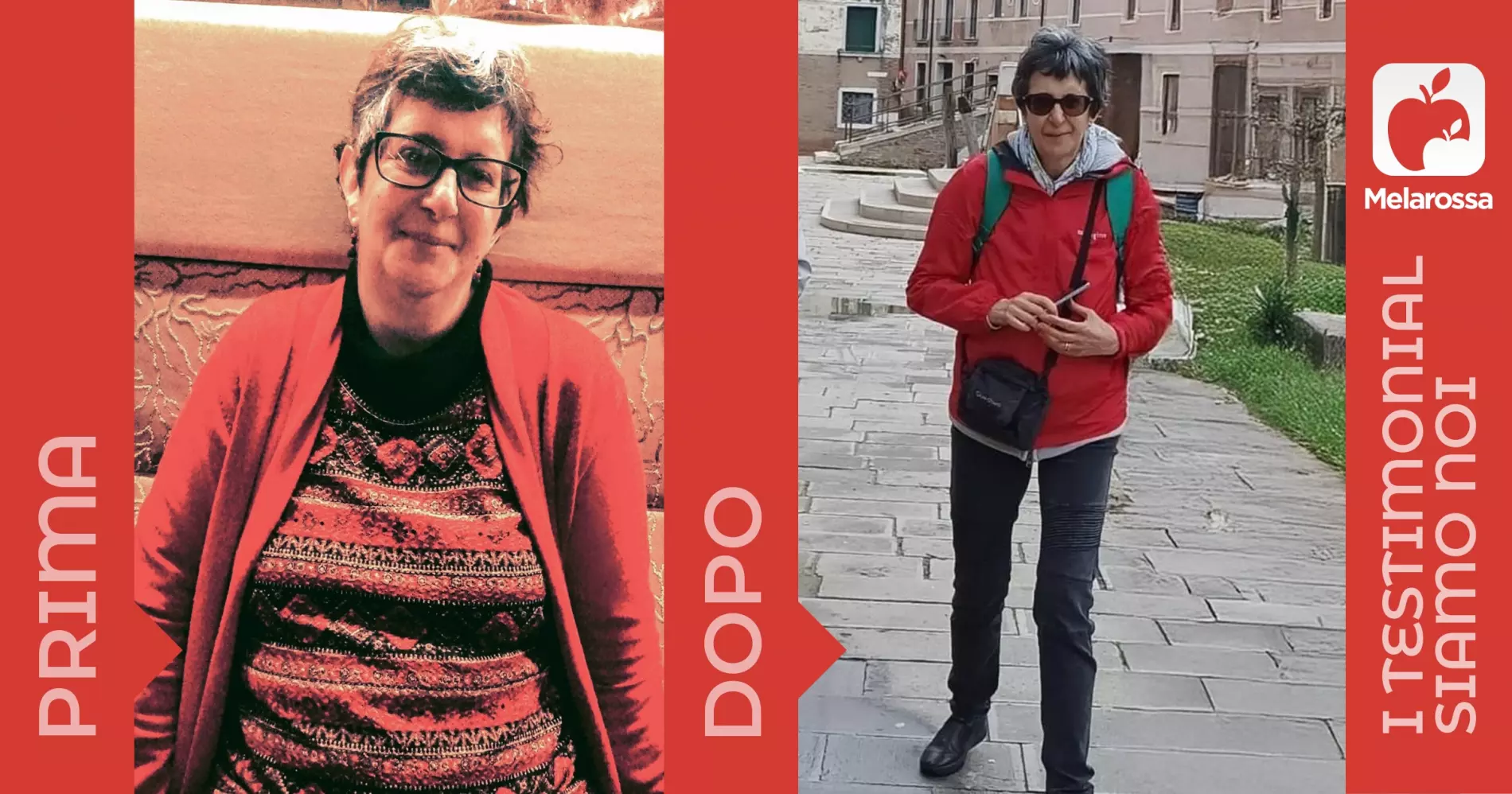 una donna fotografata prima e dopo la dieta Melarossa con cui ha perso 10 kg