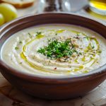 su tavolo da cucina, tagliere con ciotola piena della zuppa fredda ajo blanco con olio Evo erbe aromatiche e mandorle, dietro si intravedono olio e pane
