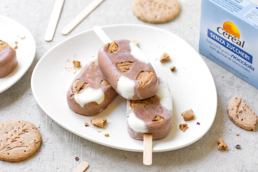 su sfondo bianco, piatto bianco con gelato senza zuccheri aggiunti fatto con i biscotti Céréal senza zuccheri aggiunti. Attorno bastono per gelati e pezzi di biscotti
