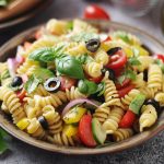 su tavolo da cucina un piatto di pasta alla mediterranea con pomodori, peperoni olive nere e basilico