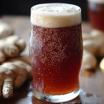su tavolo di legno bicchiere con la ginger beer e accanto gli ingredienti per preparare la ricetta a casa: zenzero e limone