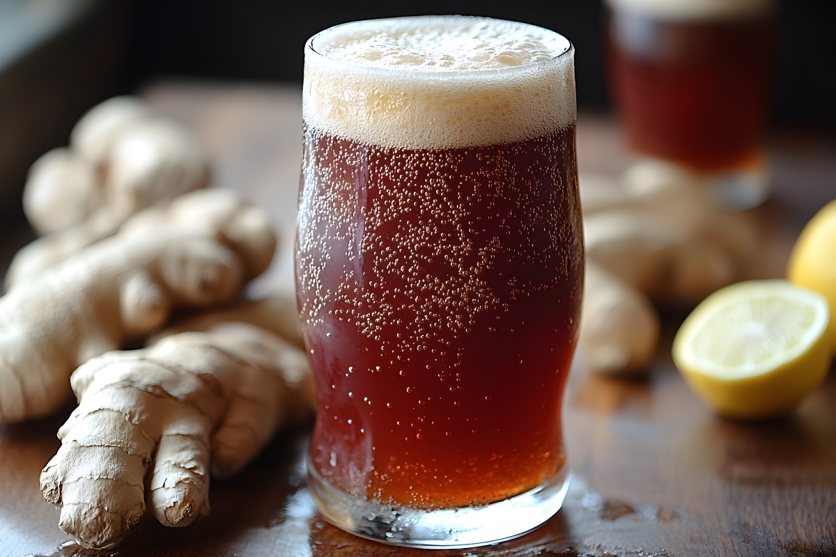 su tavolo di legno bicchiere con la ginger beer e accanto gli ingredienti per preparare la ricetta a casa: zenzero e limone