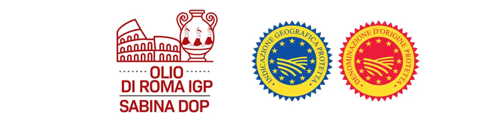Logo Olio di Roma IGP e Sabina DOP con Colosseo, anfora romana e simboli ufficiali IGP e DOP.