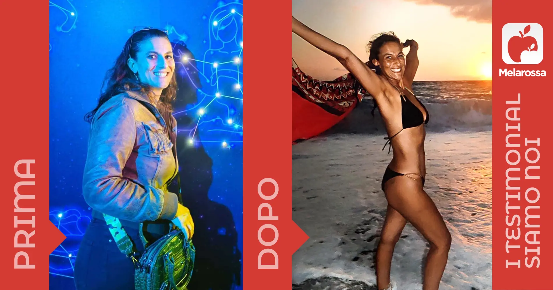 due foto della stessa donna prima e dopo la dieta Melarossa con cui ha perso 9 kg