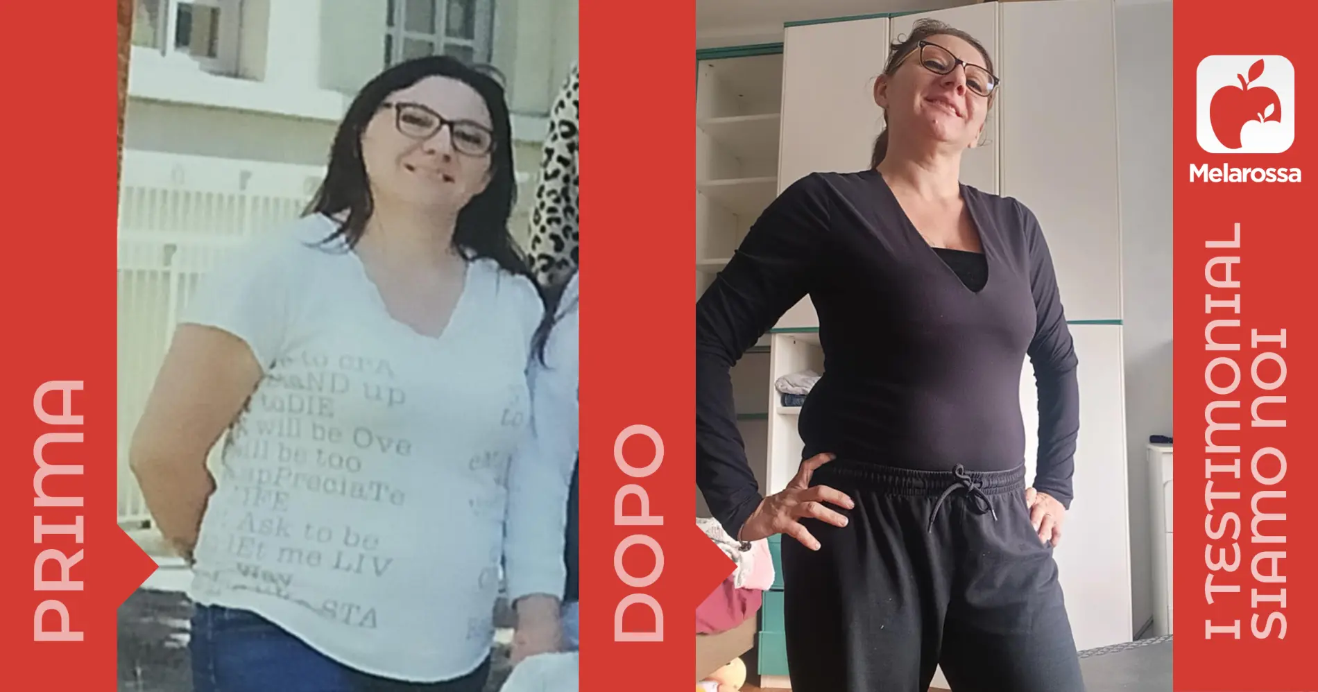due foto della stessa donna prima e dopo la dieta Melarossa con cui ha perso 9 kg