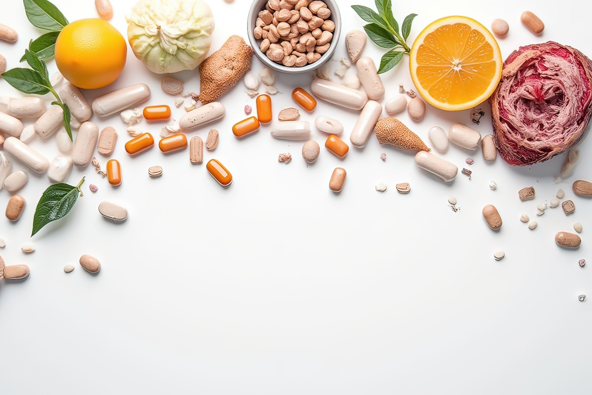 su sfondo bianco arance, frutta secca e verdura con integratori con vitamina C sparsi in lato. In basso spazio vuoto