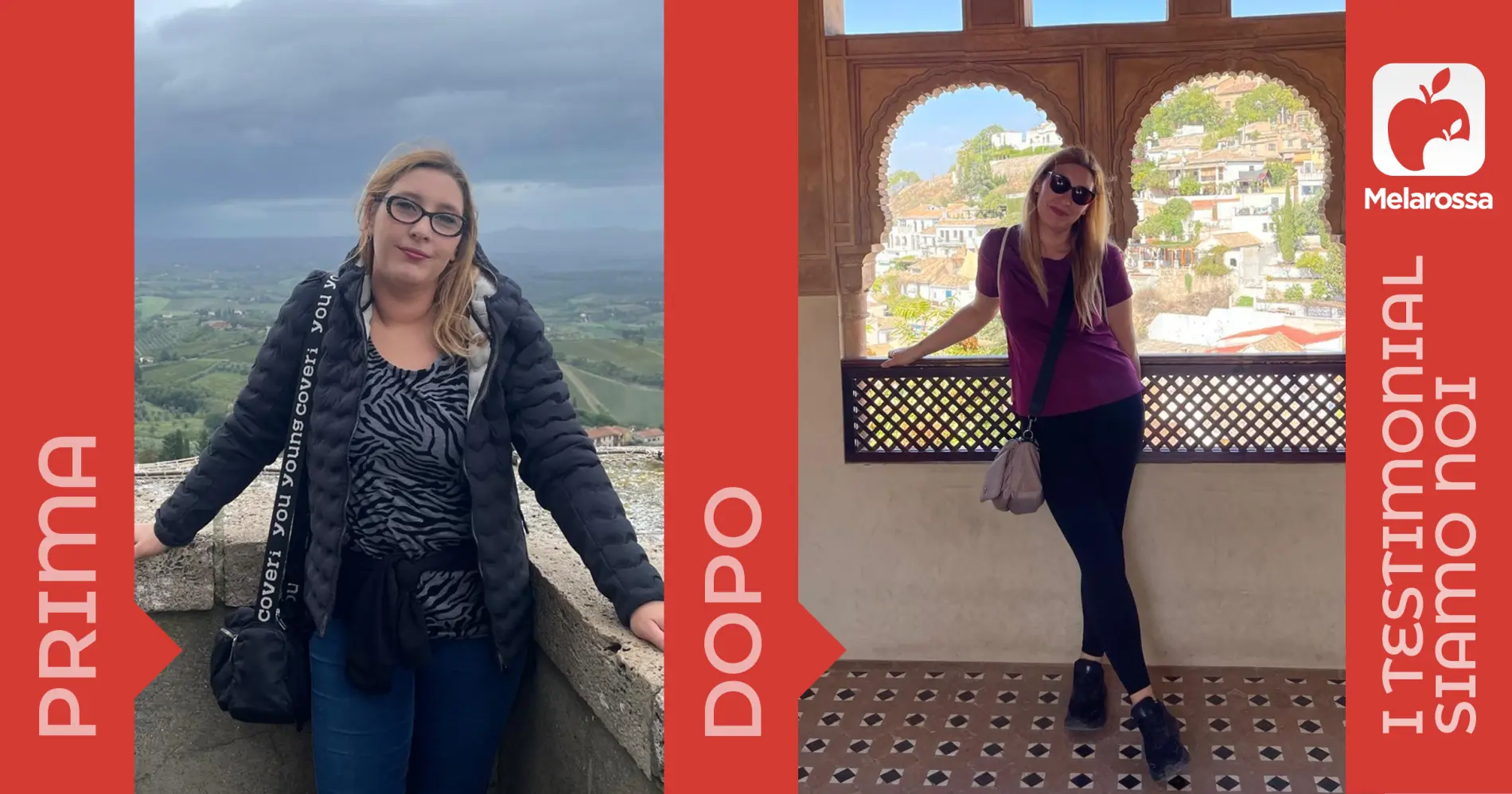 due foto della stessa donna prima e dopo la dieta Melarossa con cui ha perso 20 kg