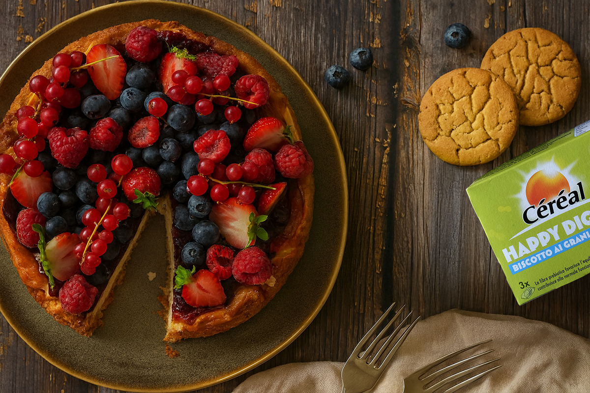 In primo piano su un tavolo di legno scuro, sulla sinistra c'è un piatto fondo con una cheesecake ai frutti di bosco. In basso a destra due forchette su un tovagliolo mentre sulla destra c'è una scatola di biscotti senza glutine happy digest di Céréal.