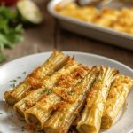 Cardi gratinati al forno: la ricetta di un contorno sfizioso e croccante 1 In primo piano su un tavolo di legno chiaro si trova un piatto di cardi gratinati al forno senza besciamella. Sullo sfondo una teglia di cardi gratinati e del prezzemolo accanto.