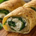 Rotolo di patate ripieno: una ricetta veloce e deliziosa 1 In primo piano su un tagliere di legno una metà di un rotolo di patate con un ripieno morbido e cremoso di ricotta e spinaci.