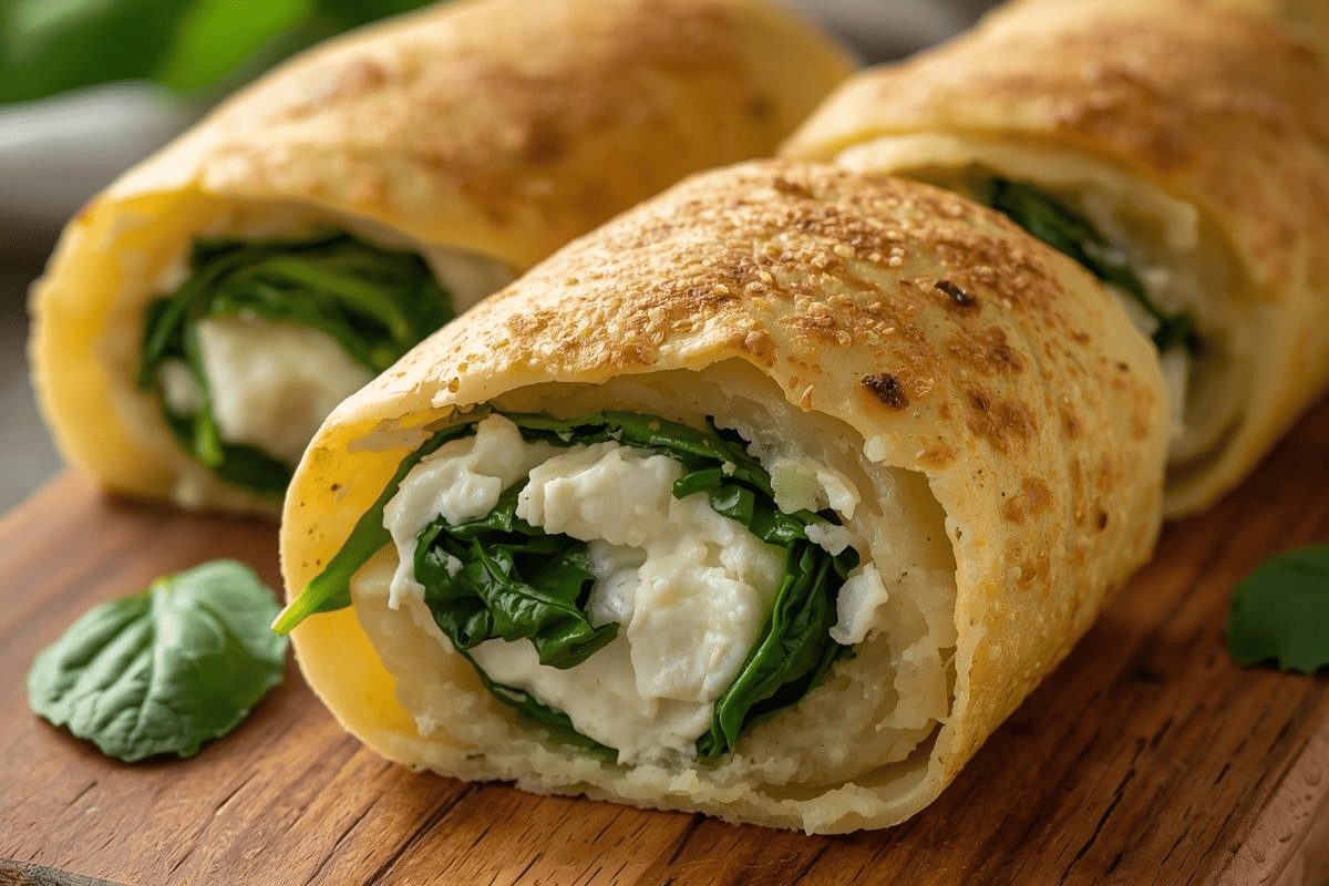 In primo piano su un tagliere di legno una metà di un rotolo di patate con un ripieno morbido e cremoso di ricotta e spinaci.