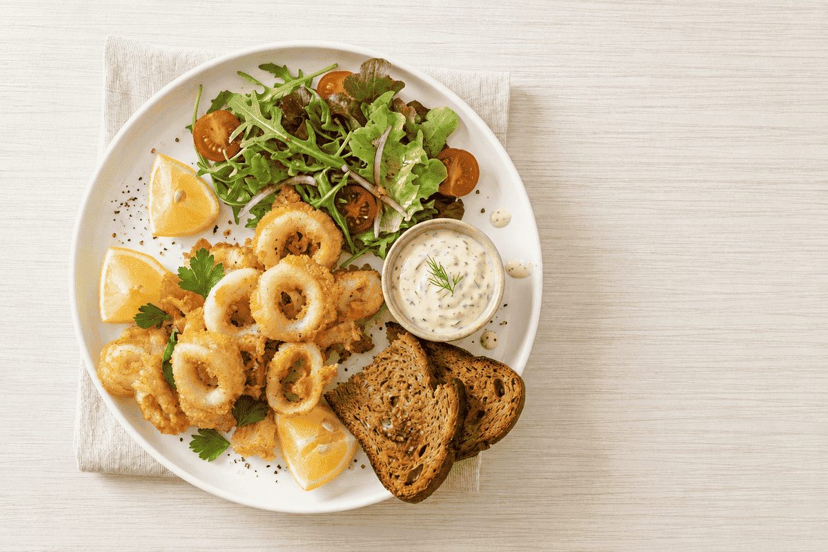 Piatto con calamari in friggitrice ad aria, insalata mista con pomodorini, salsa allo yogurt, pane tostato e spicchi di limone.