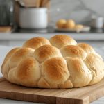 Cloud bread: pane low carb soffice con pochi ingredienti e video ricetta 1 In primo piano su un tagliere di legno bianco, un soffice e morbido cloud bread. Sullo sfondo una cucina moderna.