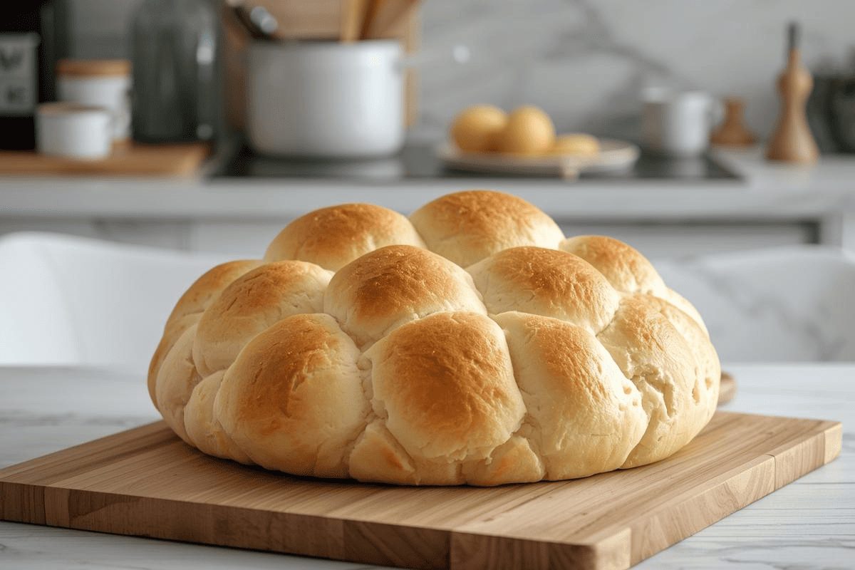 In primo piano su un tagliere di legno bianco, un soffice e morbido cloud bread. Sullo sfondo una cucina moderna.