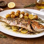 Dentice al forno con patate: ricetta facile per una cottura perfetta 1 In primo piano su un tavolo di legno, un dentice al forno con le patate e delle fettine di limone. Sul tavolo del sale, del pepe e del rosmarino.