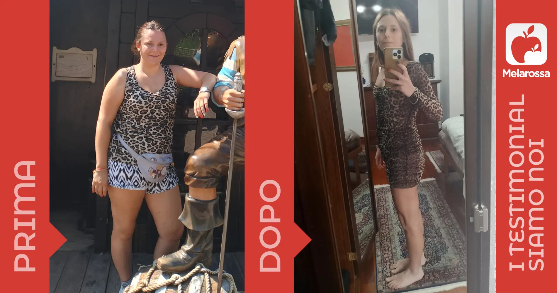 una donna fotografata prima e dopo la dieta Melarossa con cui ha perso 19 kg