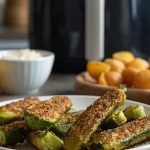 Zucchine in friggitrice ad aria: dorate fuori e morbide dentro 1 primo piano di un piatto con zucchine a fette gratinate, sul fondo piatto di patate, limone e friggitrice ad aria