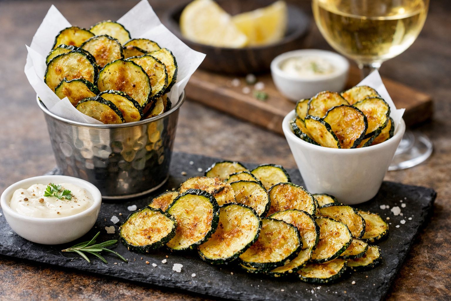 chips di zucchine servite su vassoio scuro rettangolare e in ciotole, bianca e metallica