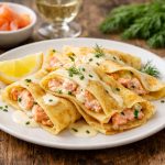 piatto bianco con alcune crespelle ripiene di salmone uno spicchio di limone, su tavolo di legno apparecchiato