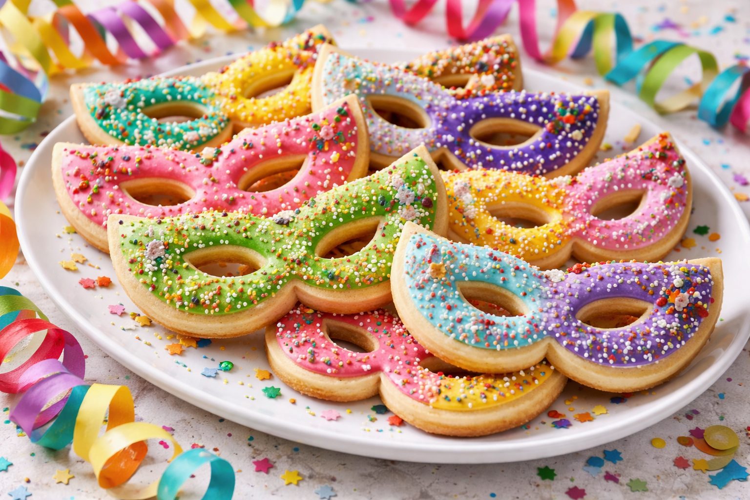 piatto da portata bianco con alcune mascherine di Carnevale, biscotti colorati a forma di maschera