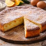 su tagliere rotondo di legno il migliaccio napoletano e uno spicchio tagliato