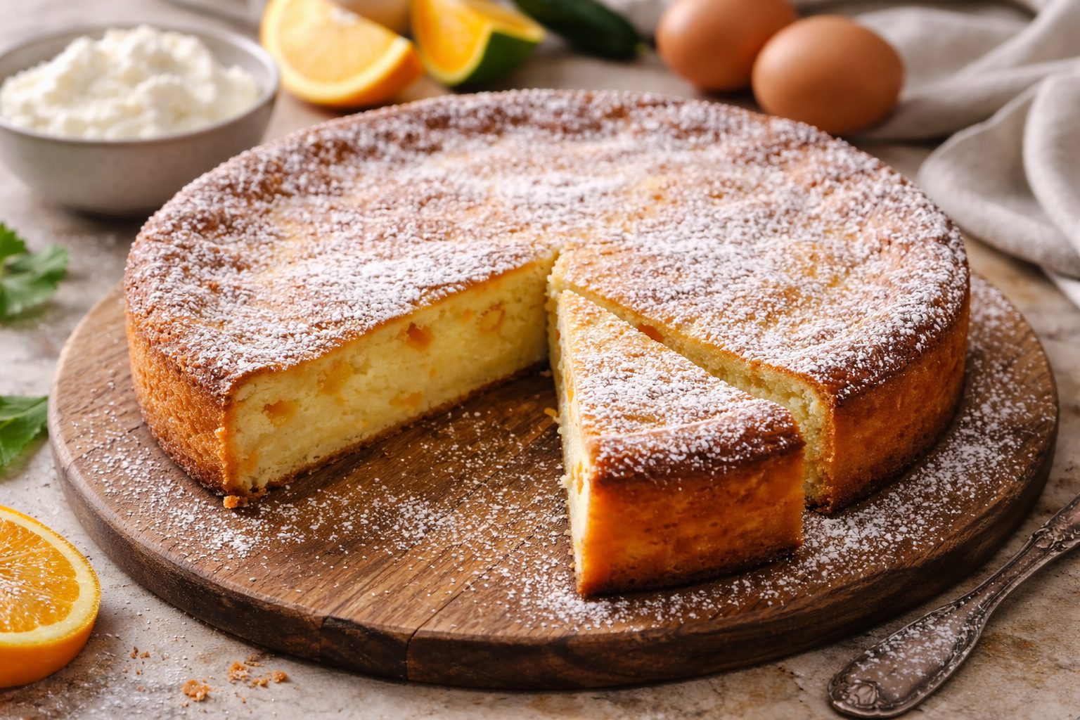 su tagliere rotondo di legno il migliaccio napoletano e uno spicchio tagliato