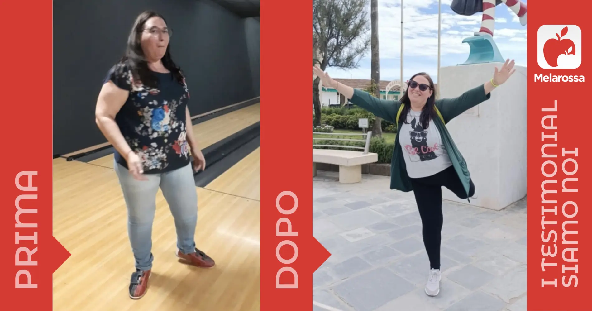 Una donna fotografata prima e dopo la dieta Melarossa con cui ha perso 15 kg