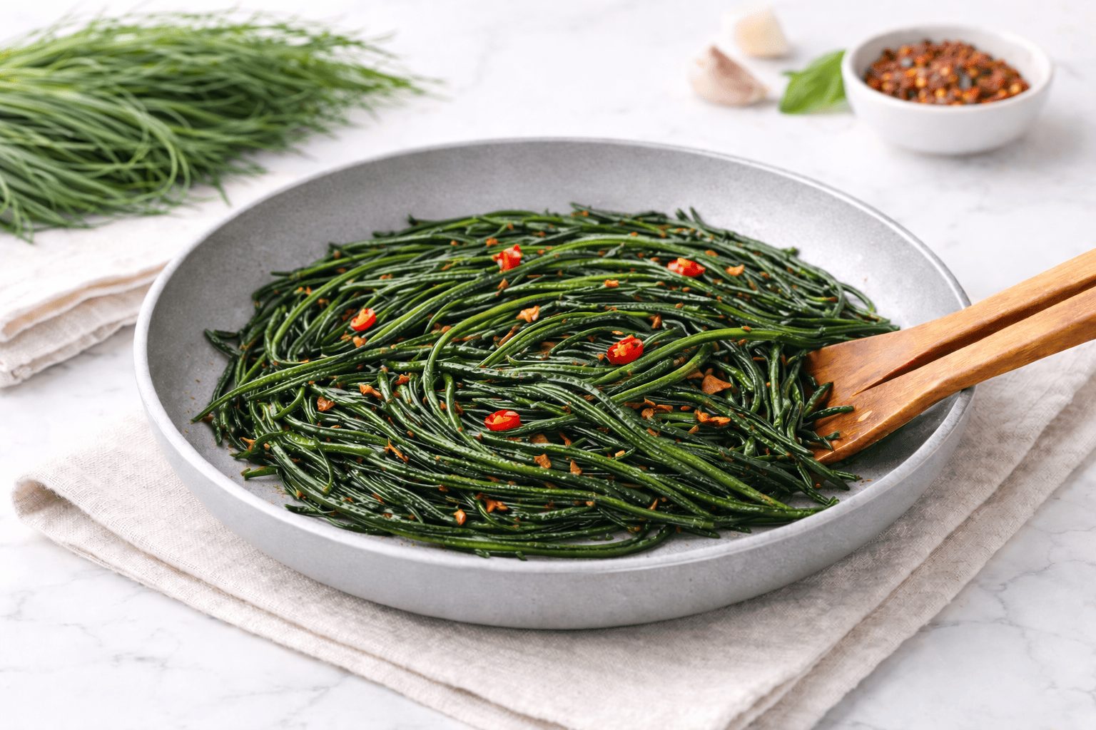 In primo piano su uno sfondo chiaro, ci sono degli agretti in padella conditi con del peperoncino.