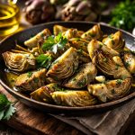 su tagliere di legno padella tonda con carciofi in padella e prezzemolo, spicchi di aglio e boccetta di olio