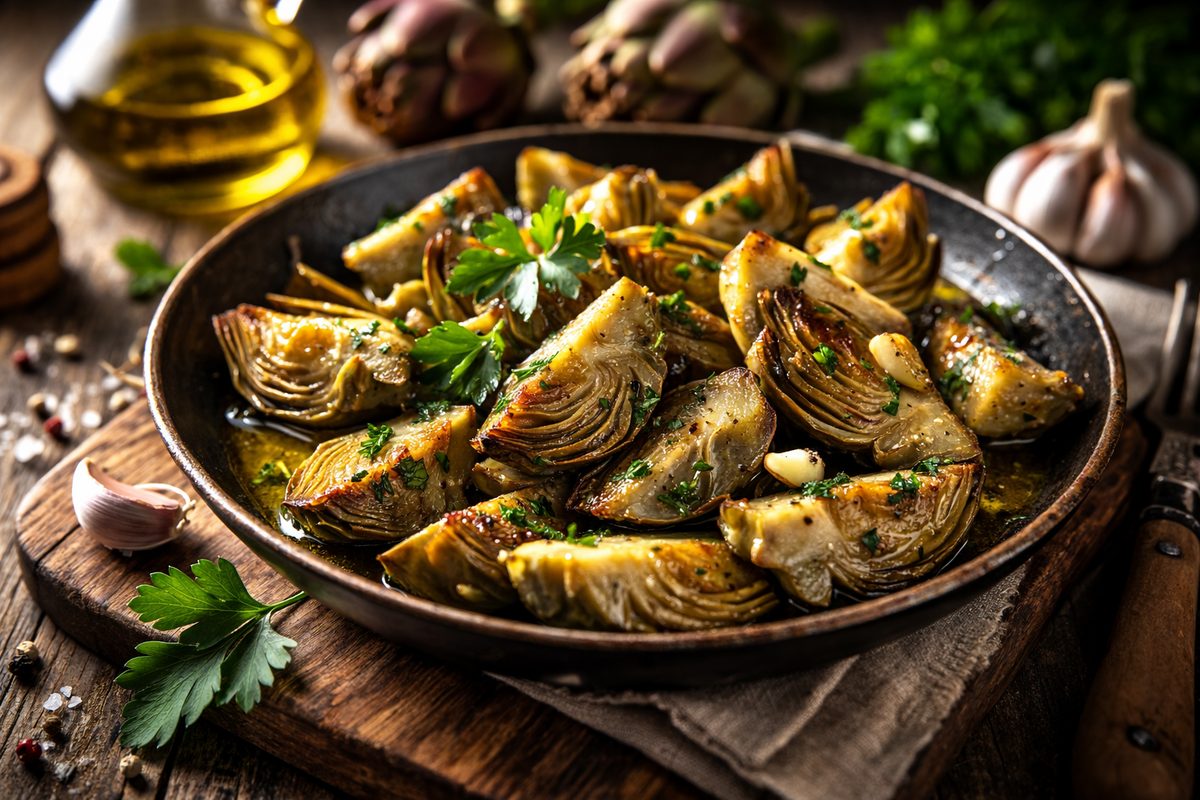 su tagliere di legno padella tonda con carciofi in padella e prezzemolo, spicchi di aglio e boccetta di olio